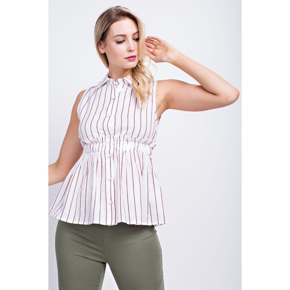 Sleeveless Button Front Collared Casual Striped Peplum Blouse Top - Picture 7 of 10